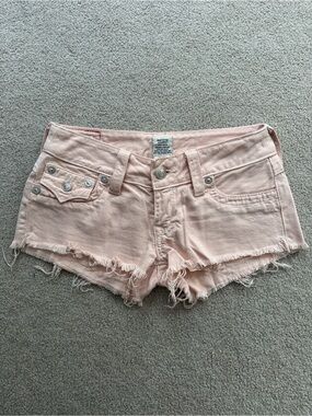 True Religion Joey Cutoffs- Light Blush Frayed Denim Shorts